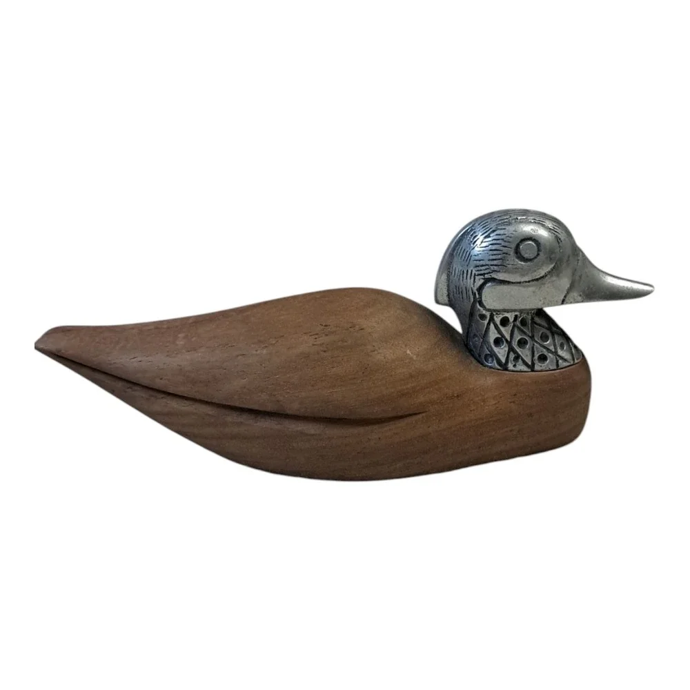 Vintage Wooden Duck with Silver Stainless Steel Tone Metal Head‎ MCM 6